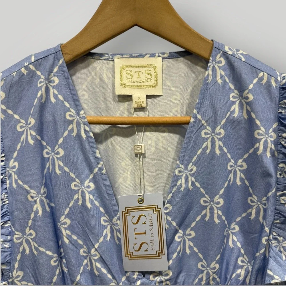 Sail to Sable Hydrangea Bow Print Flutter Sleeve V Neck Maxi Dress Blue SP25T5 S - Picture 4 of 9